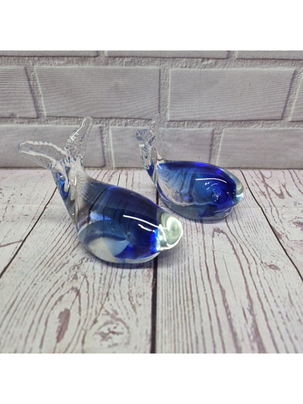 Vibrant Hand Blown Cobalt Blue Art Glass Whale Figurine/ Paperweight~Set Of 2